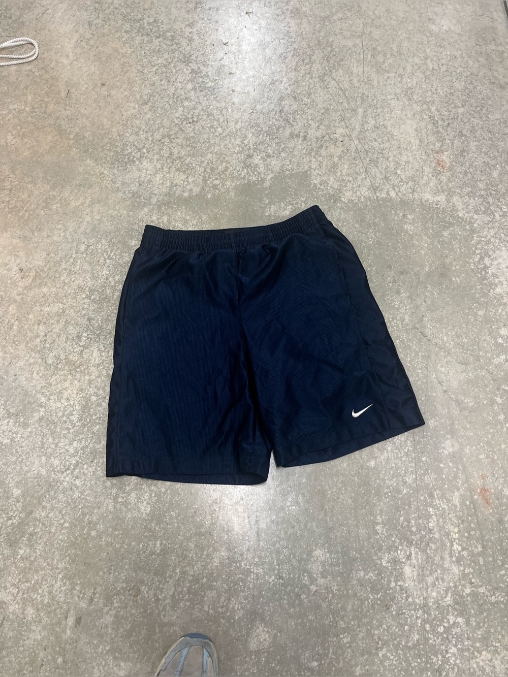 Vintage Nike Men's Dark Navy Athletic Shorts with White Swoosh